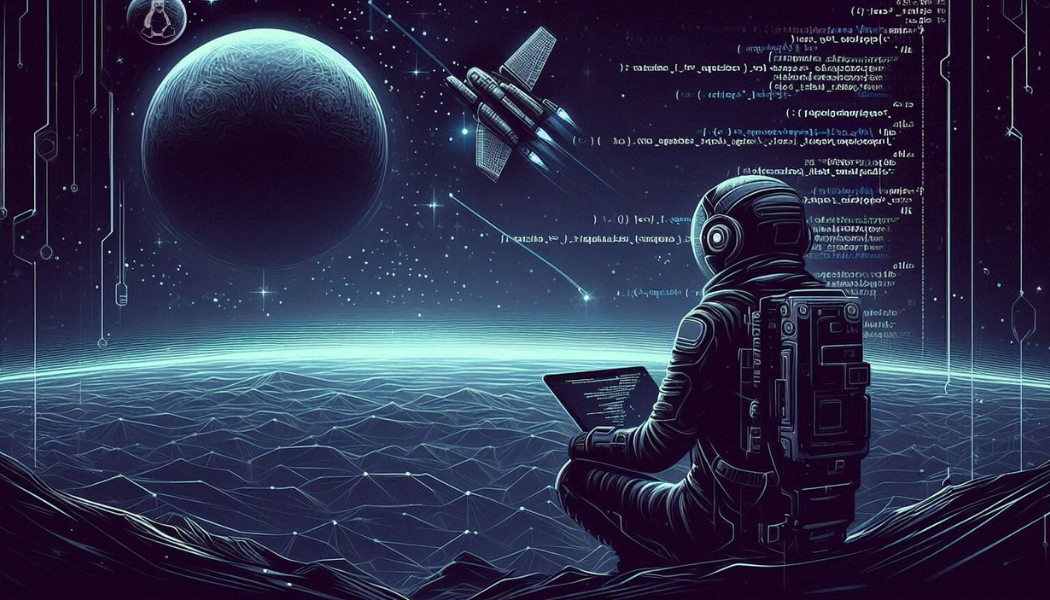 Astronaut programming with a view of space and a spaceship